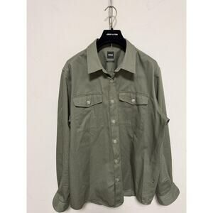 Boss Shirt Mens Large Green Twill Button Up Relaxed Fit Chest Pockets Casual